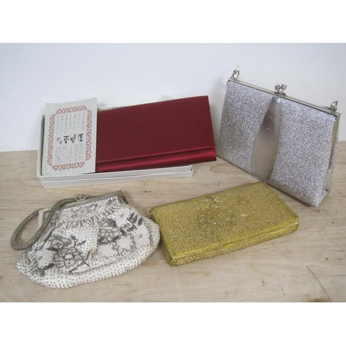 156 - Four ladies clutch bags, probably circa 1960s-70s.  Includes one with grey beadwork and labelled Thr... 