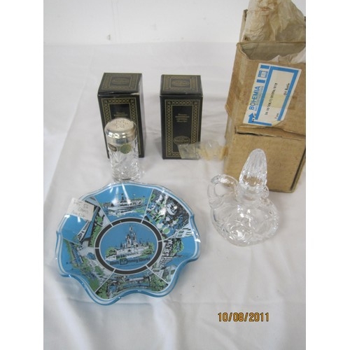 56 - Bohemian Crystal salt and pepper with electroplated mounts, unused and in original boxes, together w... 