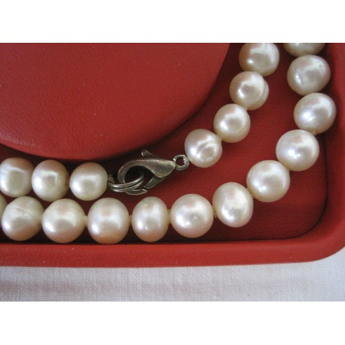 20 - A cultured pearl necklace in a red leather box