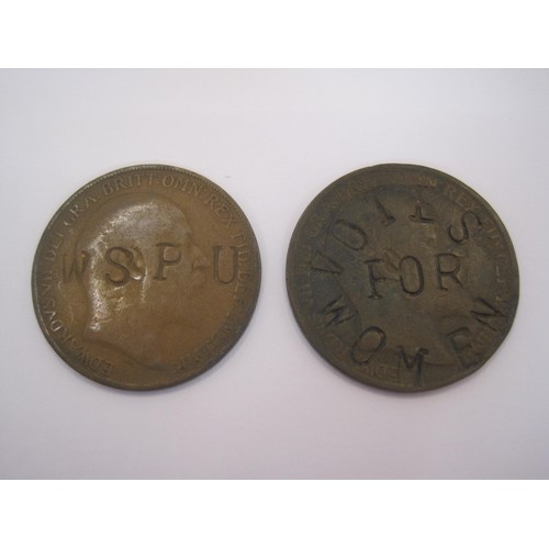 6 - Suffragette defaced pennies. A 1908 Penny defaced with VOTES FOR WOMEN and a 1908 Penny defaced with... 