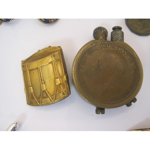 89 - A selection of interesting items including a likely WW1 trench lighter in brass, the sides finished ... 