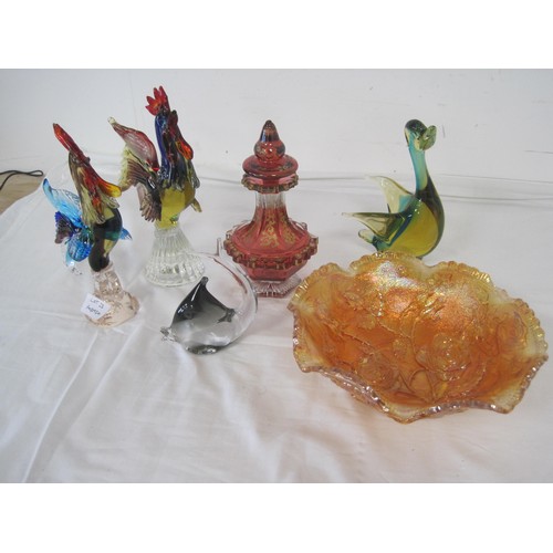 23 - Glass - two Murano style glass cockerels (height 22cm), a duckling, and an a/f glass fish (some smal... 