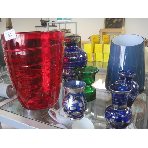 53 - Seven mid century glass vases, the tallest in red glass at 22cm