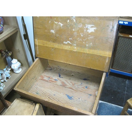 44 - Vintage child's wooden school desk with inkwell and matching chair