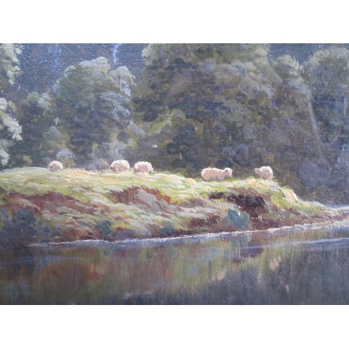 6 - Thomas Spinks (1847-1927) - riverbank scene with sheep titled 'No 1 On the Conway', oil on canvas, i... 