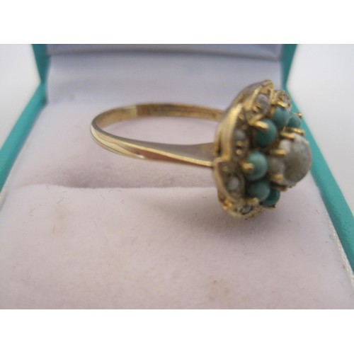 155 - 9 carat gold dress ring with a foliate setting of simulated pearls and simulated turquoise. A/f the ... 