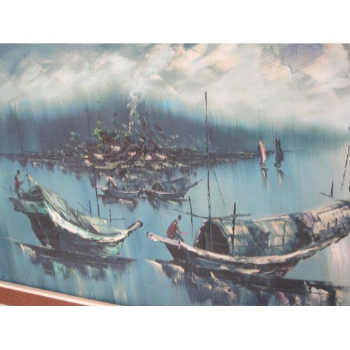 117 - An original 1960 a stylised Chinese harbour possibly Hong Kong  oils on canvas .
Large size at 56 by... 