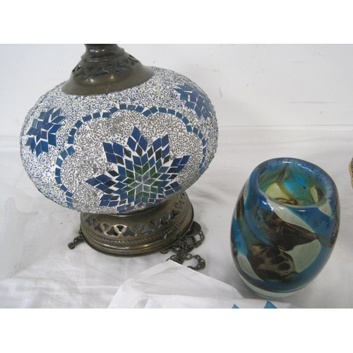 96 - A box of mixed collectables to include an Imari Cake Stand. Two Vases. A Mosaic Glass Lantern.