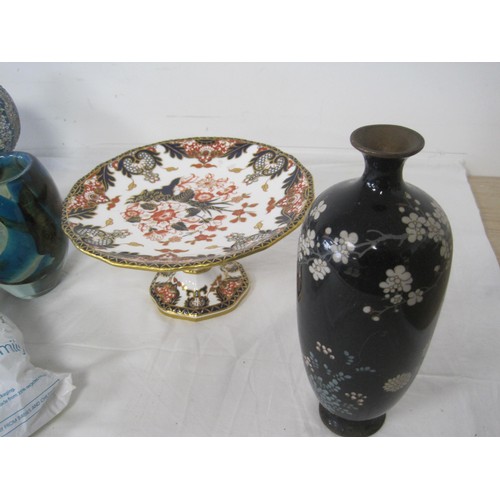 96 - A box of mixed collectables to include an Imari Cake Stand. Two Vases. A Mosaic Glass Lantern.