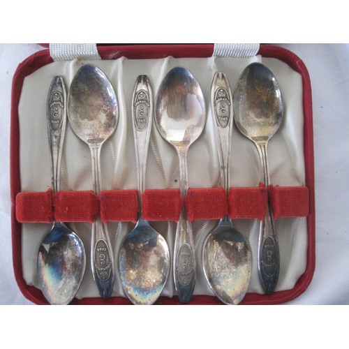 12 - An assortment of electroplated and pewter ware, including a cased set of 1953 Coronation tea spoons ... 