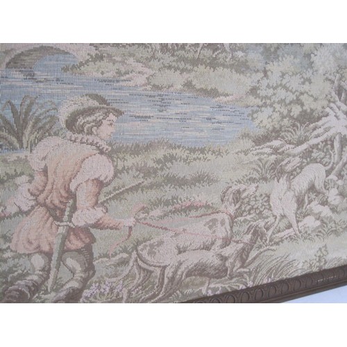 184 - A large, wooden framed tapestry featuring an Elizabethan hunting scene, likely of continental origin