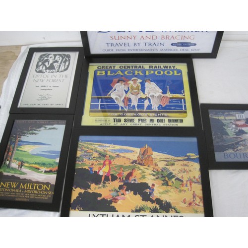 180 - A selection of 1920s style railway posters advertising destinations, all framed and glazed including... 