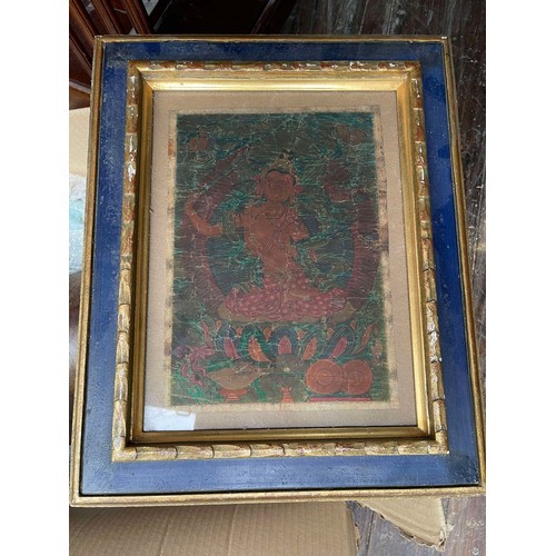 1 - A 17th Century Hindu devotional Murti on cloth, framed and glazed, in good order