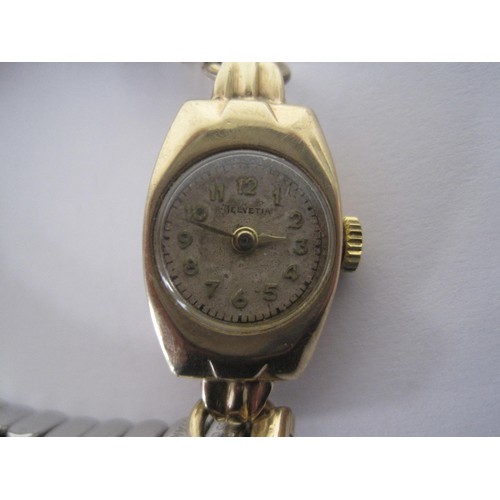 127 - A ladies mechanical cocktail wristwatch, 9 carat gold case, gold-plate expanding bracelet, dial mark... 