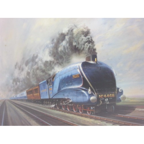 38 - After Gerald Coulson - A4 Pacific Class 'Mallard' steam locomotive at speed, colour print, framed an... 