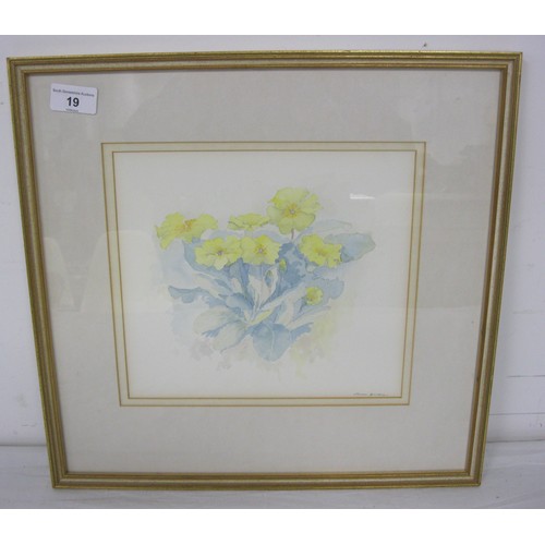 19 - Three decorative pictures.  (1) watercolour of primroses, signed Alan Binder, F&G, 40cm x 41cm. (2) ... 