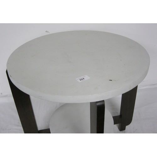 204 - Vintage circular coffee table with two shelves, white with black legs, top a/f (slight chip)