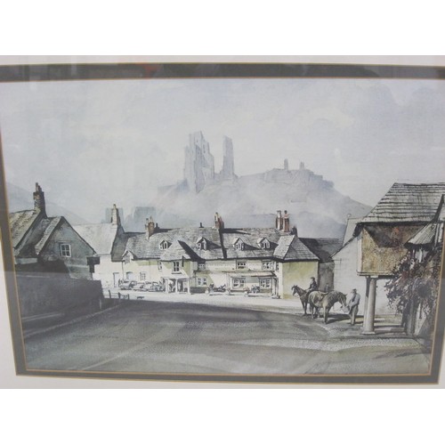 24 - After Rowland Hilder (1905-1993) - Corfe Castle with street scene to foreground showing Greyhound Ho... 