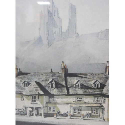 24 - After Rowland Hilder (1905-1993) - Corfe Castle with street scene to foreground showing Greyhound Ho... 