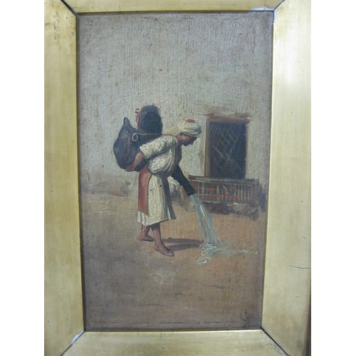 27 - 19th century oil on board, middle eastern scene with robed water carrier rinsing street, indistinct ... 