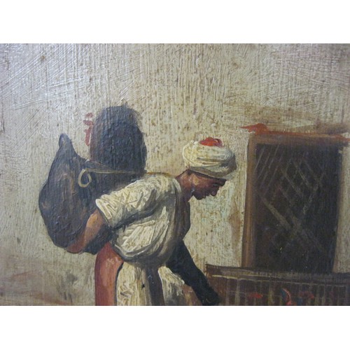 27 - 19th century oil on board, middle eastern scene with robed water carrier rinsing street, indistinct ... 