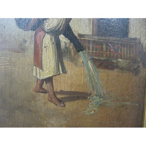 27 - 19th century oil on board, middle eastern scene with robed water carrier rinsing street, indistinct ... 