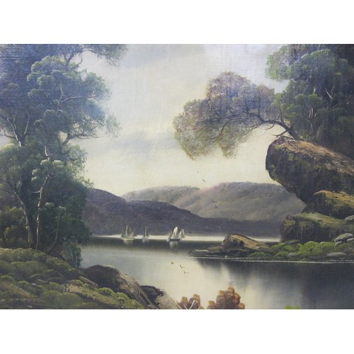 31 - River scene with rocky outcrop and trees, oil on canvas, signed Beckens lower right, in a decorative... 