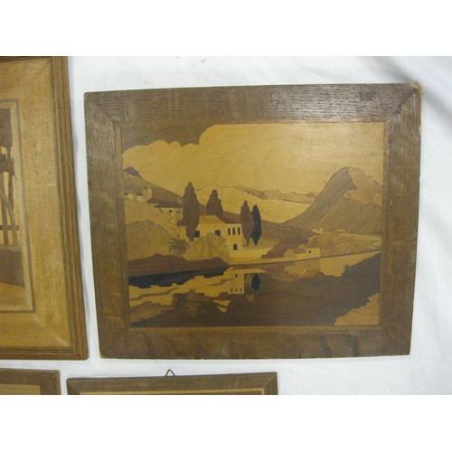 67 - Four inlaid marquetry panels, landscapes and street scene