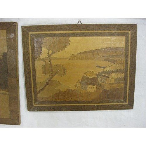 67 - Four inlaid marquetry panels, landscapes and street scene