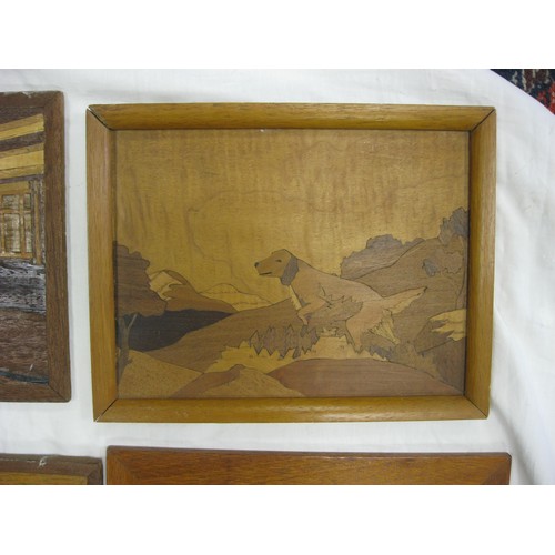 68 - Five inlaid marquetry panels - crabs, tiger, clown, dog and interior scene