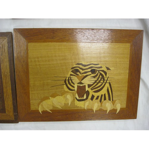 68 - Five inlaid marquetry panels - crabs, tiger, clown, dog and interior scene