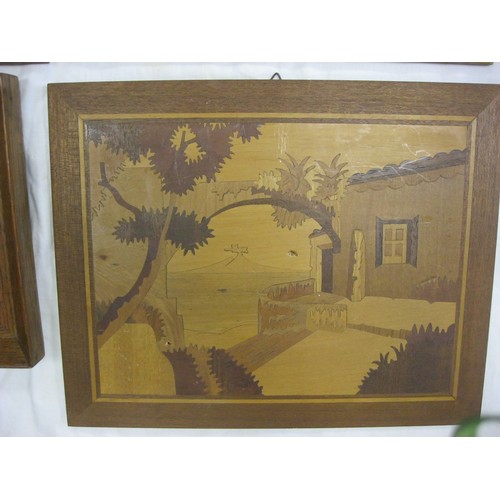 70 - Five inlaid marquetry panels - landscapes and buildings