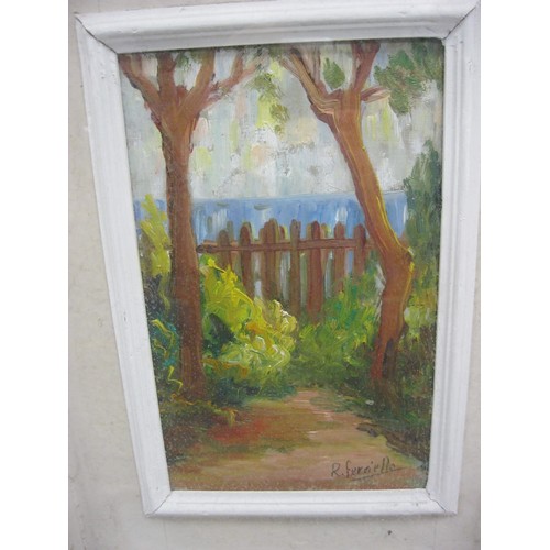 54 - 'Marina', landscape with trees and fence, oil on board, signed R. Ferriello lower right, mounted in ... 