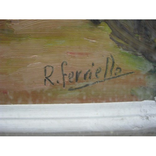 54 - 'Marina', landscape with trees and fence, oil on board, signed R. Ferriello lower right, mounted in ... 