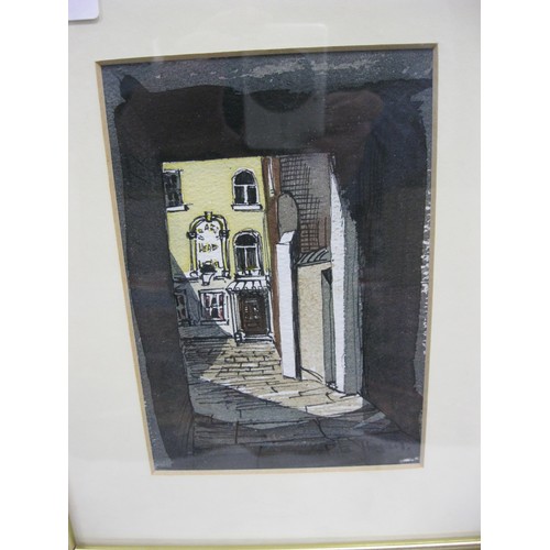 56 - Pete Hogan - courtyard in sunlight and shadow, watercolour and ink, signed lower right, framed and g... 