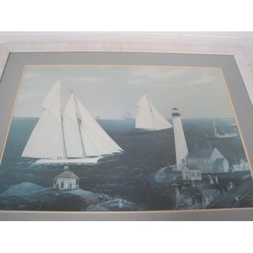 43 - Large Print in a White frame of a Light House with Sailing Boats.