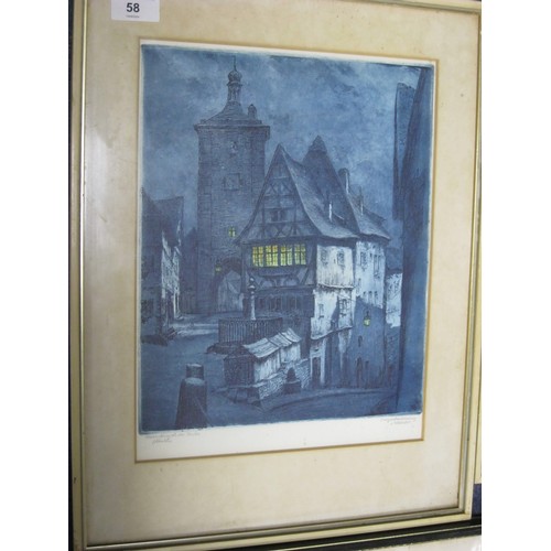 58 - A colour print of French street at night with pencil endorsements, 48cm x 36.5cm; a 19th century eng... 