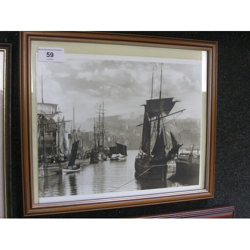 59 - Three prints after old sepia photographs (Whitby etc), and two other decorative prints, each framed ... 