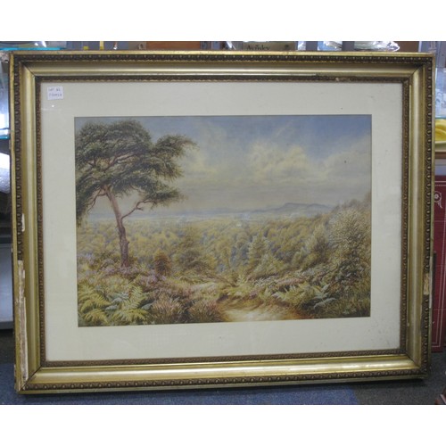 62 - Bonomi Warren - wooded landscape with hills in the distance, watercolour and whitening, signed and d... 