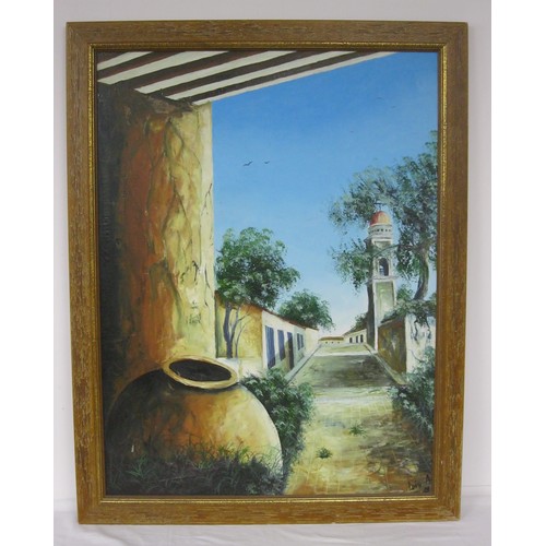 64 - Large oil on canvas of continental courtyard, partial signature (obscured by frame) and date in lowe... 