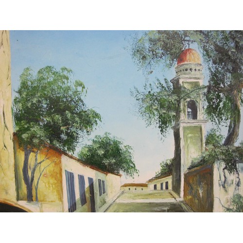 64 - Large oil on canvas of continental courtyard, partial signature (obscured by frame) and date in lowe... 