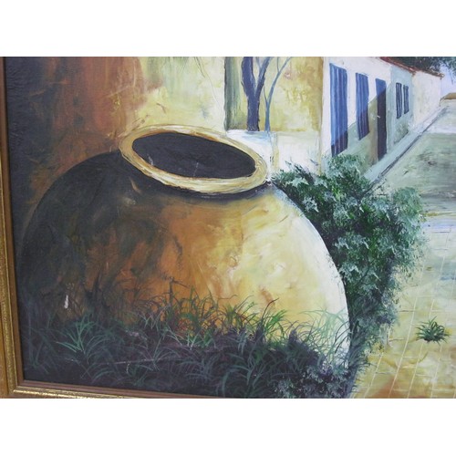 64 - Large oil on canvas of continental courtyard, partial signature (obscured by frame) and date in lowe... 