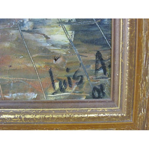 64 - Large oil on canvas of continental courtyard, partial signature (obscured by frame) and date in lowe... 