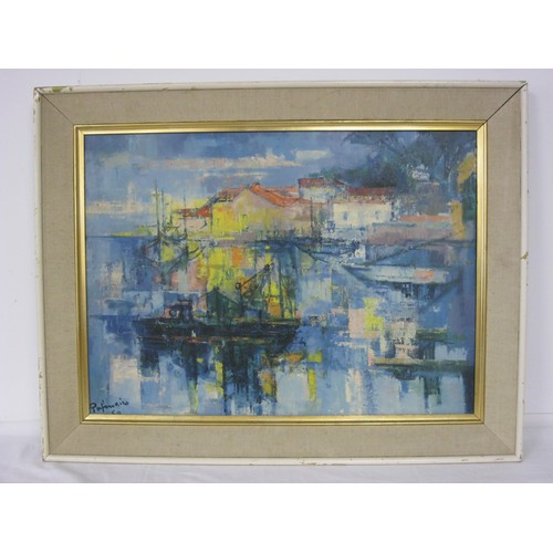 65 - Colour print after an impressionist Mediterranean harbour scene, framed, 61cm x 79cm (a/f to frame)