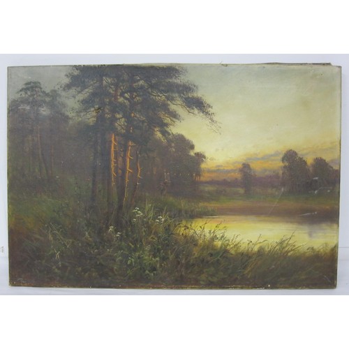 67 - 'The Evening Glow', riverside at sunset with figure carrying sticks, oil on canvas, signed Frank Hid... 