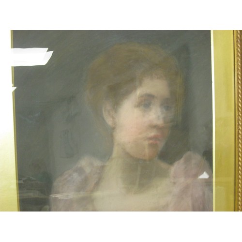 68 - Portrait of young woman, tempera on paper, glazed and in a gilt wood frame, 81cm x 70.5cm. A/f small... 