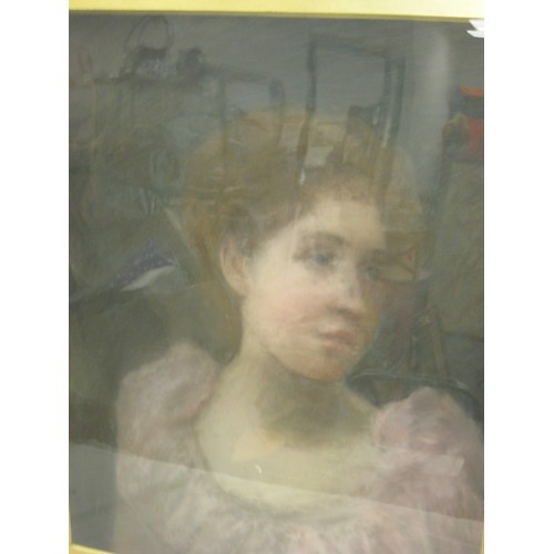 68 - Portrait of young woman, tempera on paper, glazed and in a gilt wood frame, 81cm x 70.5cm. A/f small... 