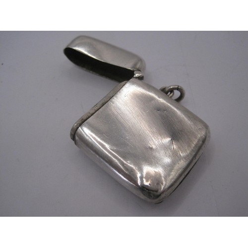 111 - Silver vesta, engraved to one side with foliage and vacant circle, about 34mm x 45mm excluding suspe... 