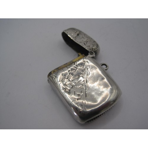 115 - Small silver vesta half-engraved with clover leaves, a/f some dents, approx 13.5g, marks for Birming... 