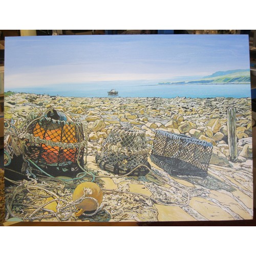 72 - Graham Towler - Kimmeridge shore with lobster pots, acrylic on canvas, signed lower right, unframed,... 